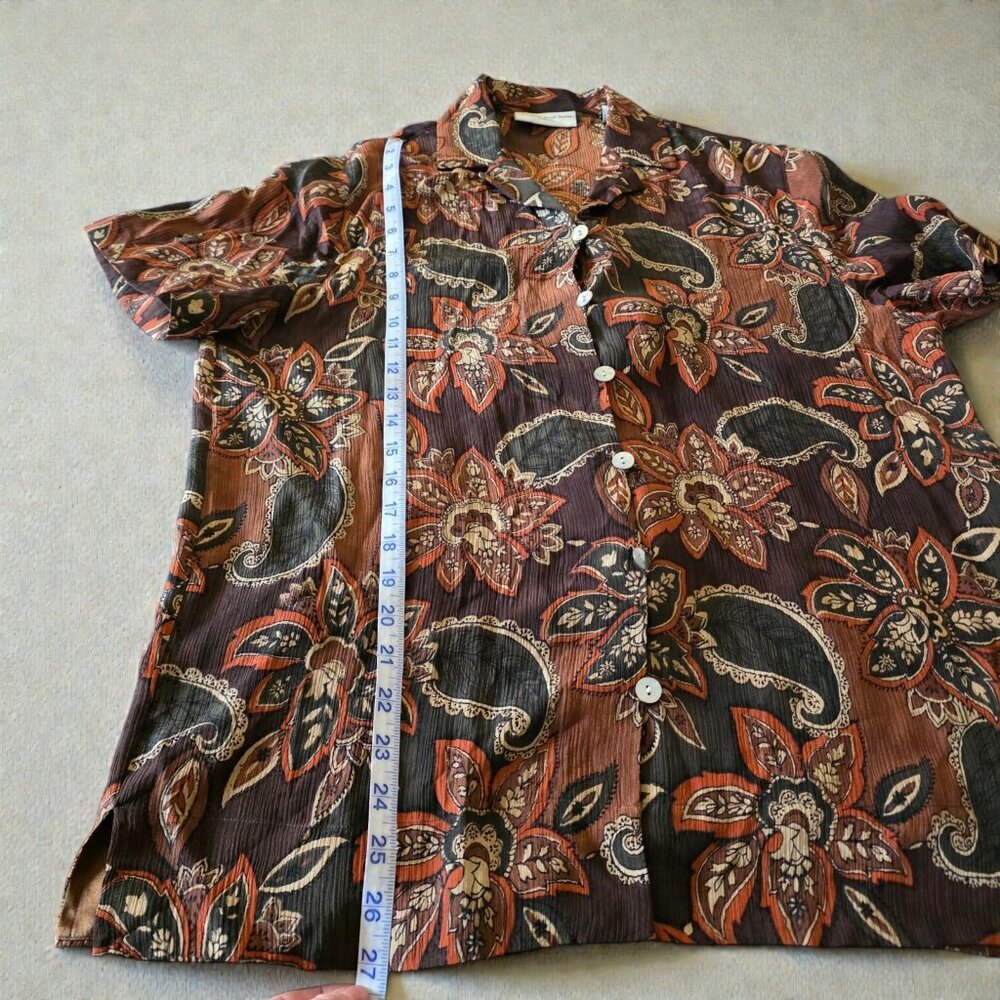 Amanda Smith Petite 100% Silk Blouse Paisley Brown Boho Earthy Coastal Grandma - Picture 11 of 14